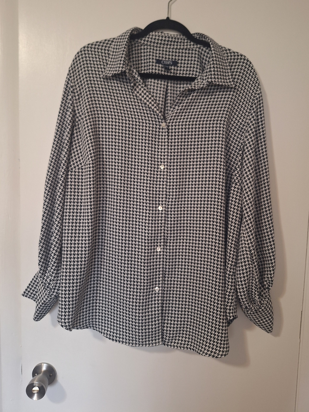 Chaps Houndstooth Black and White Button-down Long Sleeve Blouse